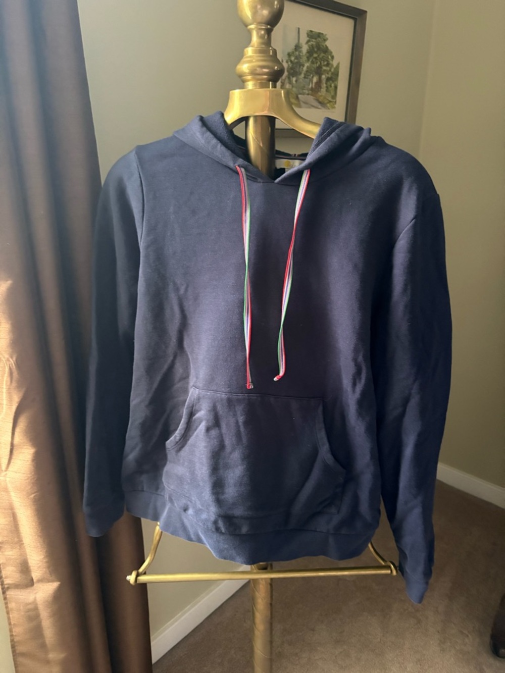 Boden Navy Pullover Hoodie with Multicolor Drawstrings